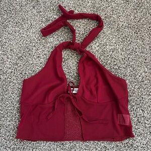 Princess Polly Sheer Halter Top Size 4 Maroon Tie Front Bow Party Club